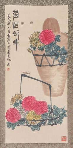 A CHINESE PAINTING OF CHRYSANTHEMUM SIGNED QI BAISHI