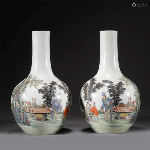 PAIR CHINESE FAMILLE VERTE FIGURAL STORY BOTTLE VASES