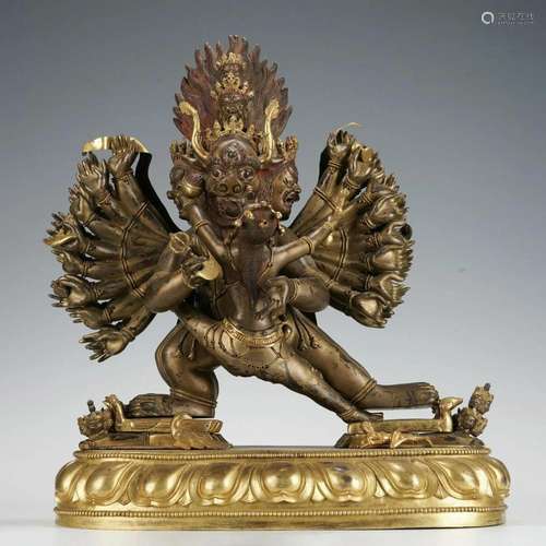 A SINO-TIBETAN BRONZE-GILT YAMANTAKA