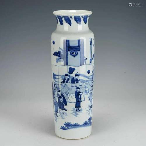 A CHINESE BLUE AND WHITE FIGURAL STORY SLEEVE VASE