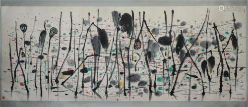 A CHINESE PAINTING OF LOTUS POND SIGNED WU GUANZHONG