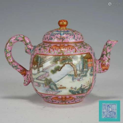 A CHINESE FAMILLE ROSE LANDSCAPE TEAPOT