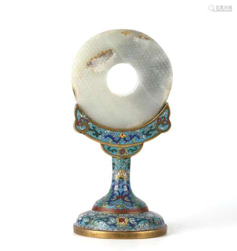 Chinese Circular Jade Plaque on Cloisonne Stand