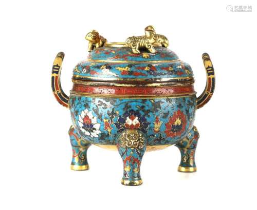 Chinese Cloisonne Tripod Censer w Cover