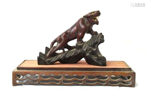 Chinese Carved Wood Tiger on Stand