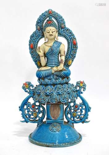 Chinese Peacock Blue Glazed Buddha Figure