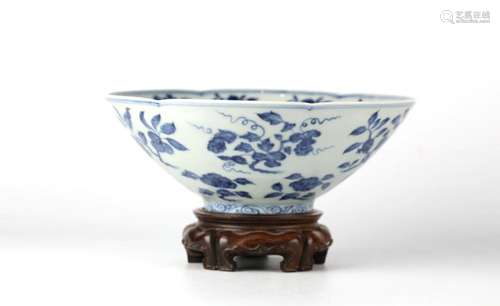 Chinese Blue & White Bowl on Wood Stand