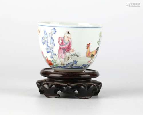 Chinese Famille Rose Cup on Wood Stand