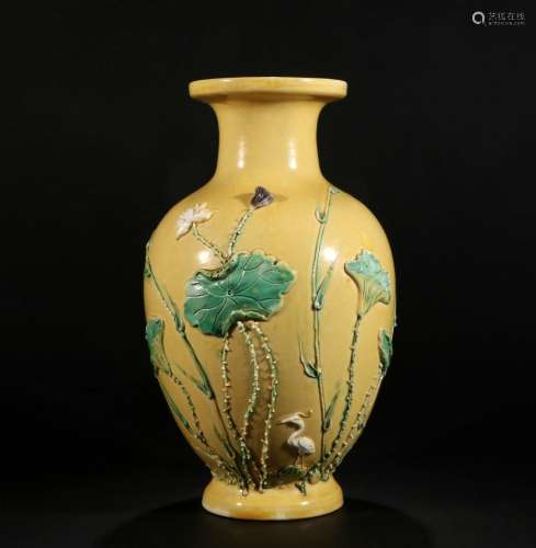 Yellow glaze heap carved lotus vase