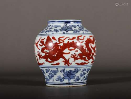 Blue and white alum red dragon pattern jar