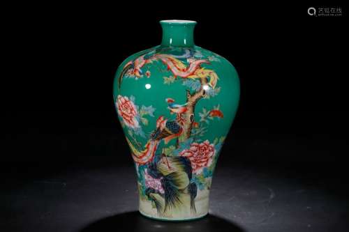 Green space enamel flower and bird plum vase