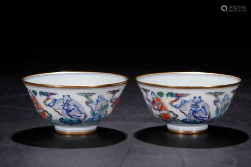 A Pair of Blue and White Doucai Gold Eight Immortals Bowls