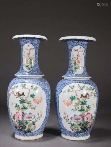 Pair of Blue and White Pastel Flower and Bird Appreciation V...