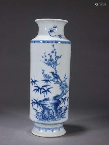 Blue and white flowers and birds picture bamboo plum tube bo...