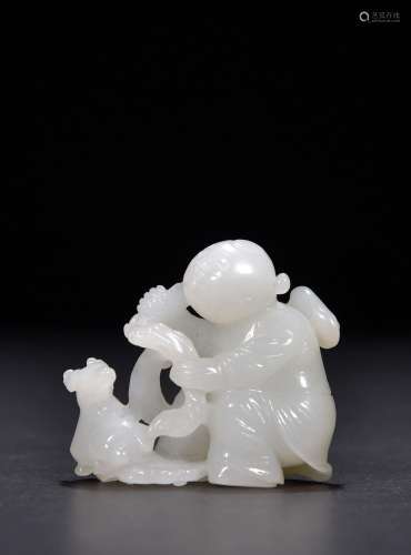 Hetian white jade carving boy playing handle piece