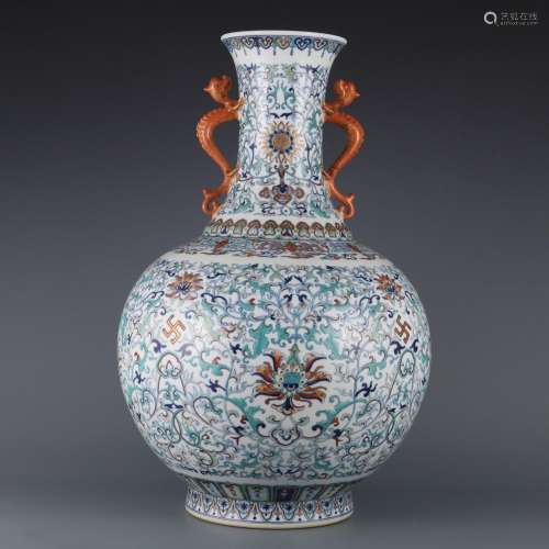 Doucai Wanfu Qingshou Double Chilong Ear Large Vase