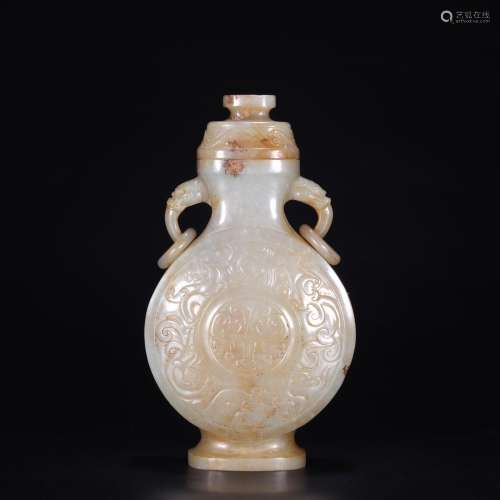 Hetian jade double dragon ear vase