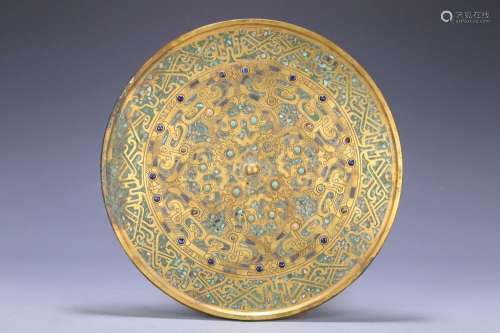 Gilt Bronze Mirror with Chilong Pattern and Inlaid Turquoise