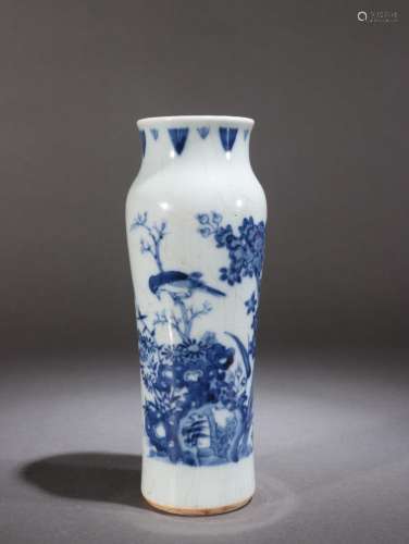 Blue and white flower-and-bird cylinder bottle
