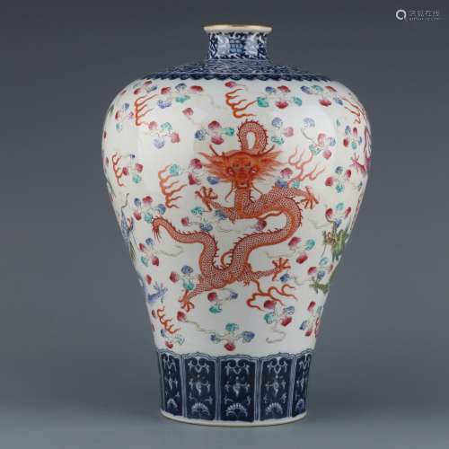 Blue and white plum bottle with multicolored cloud and drago...