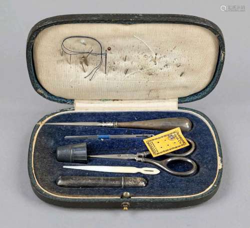 Sewing set, 20th c., partly silver 800/000, scissors, thimbl...