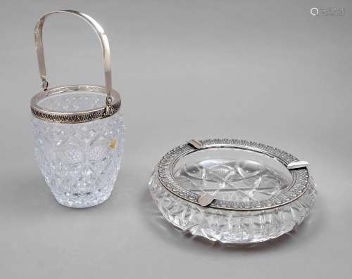 Ashtray and ice box with silver mounts, 20th c., silver 800/...