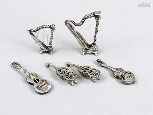 Six miniature stringed instruments, 20th c., silver 800/000,...