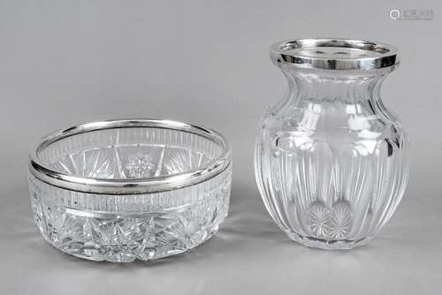 Vase and round bowl with silver rim mounting, German, 20th c...