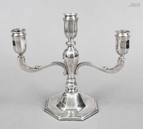 Three-flame candelabrum, 20th c., silver 830/000, 8-cornered...