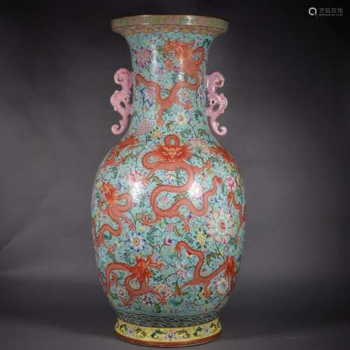 Amphora with alum red dragon pattern on pastel green backgro...