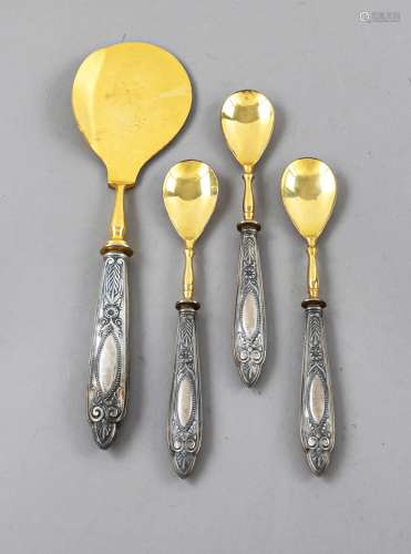Ice cream cutlery for six persons, around 1900, silver teste...