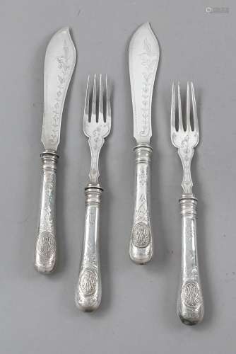 Fish cutlery for five persons, around 1900, silver 800/000, ...