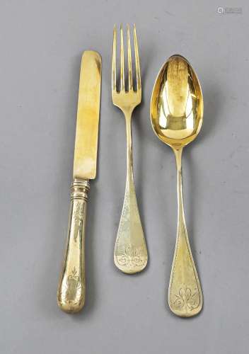 Dinner set, around 1900, silver 800/000, gilded, rounded han...