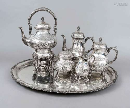 Five-piece coffee and tea centerpiece on oval tray, German, ...