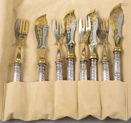 Fish cutlery for four persons, around 1900, silver tested, p...
