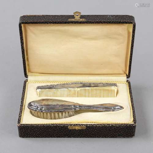 Brush and comb, German, 20th c., silver 800/000, with surrou...