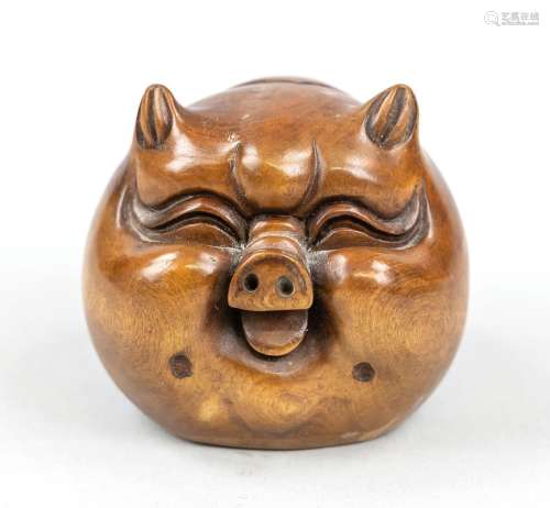 Hardwood netsuke ''ball pig'', China, 20th c., carved smilin...