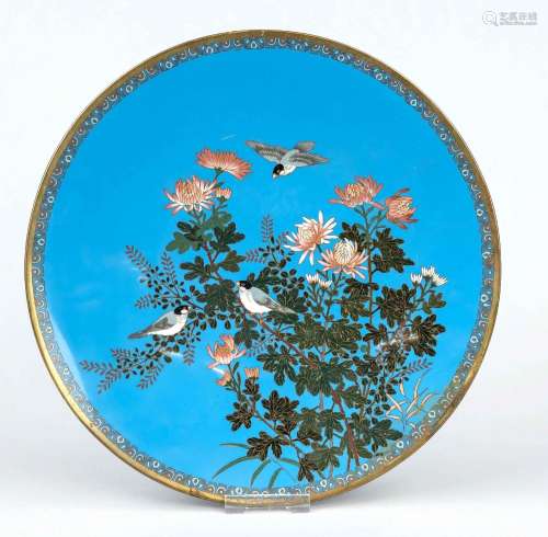 Cloisonné plate, Japan, c. 1900, enamel cloisonné on blue gr...