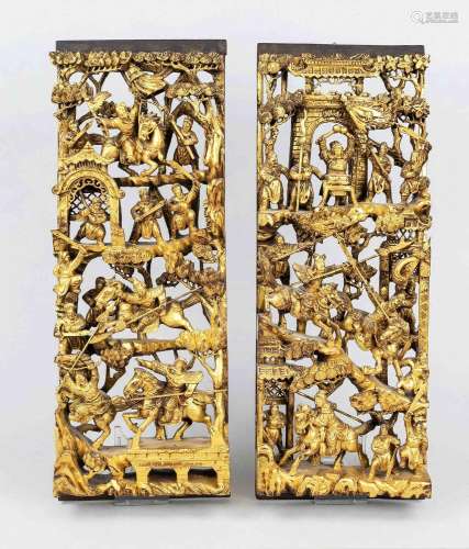 Pair of wooden panels, China, 20th century, wood carvings wi...