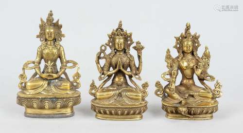 Buddhist triad, probably Nepal 20th c., figures in brass cas...