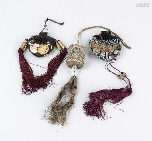 One tassel and two bags, China, around 1900, textile bags wi...