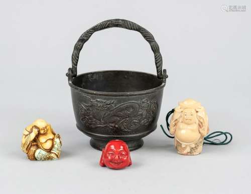 3 fat sack buddhas in handle pot, China, 20th c., metal cast...