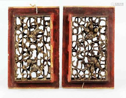 Pair of Chinese ''air carvings''(kongdiao) ''dragons and lio...