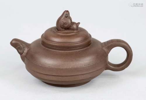 Yixing ram teapot, China, 20th century, brown earthenware te...