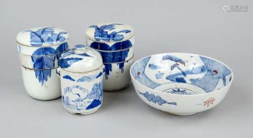 4 pieces blue and white porcelain, China,. 20th c., 3 lidded...