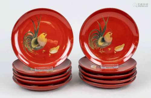 10 Red lacquer plate, Japan, Showa period(1926-1989), red la...