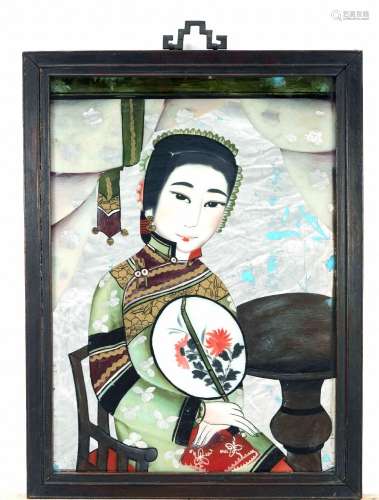 Mirror painting ''The Qipao Lady with the Fan'', South China...