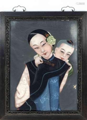 Mirror painting ''Peony Lady and Child'', South China, proba...