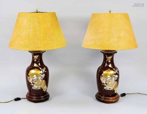 Pair of lamps with golden shade, Japan, mid-century, brown s...