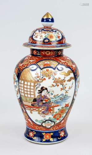 Vase, lid, Japan, 1900, porcelain, polychrome, geishas, flow...